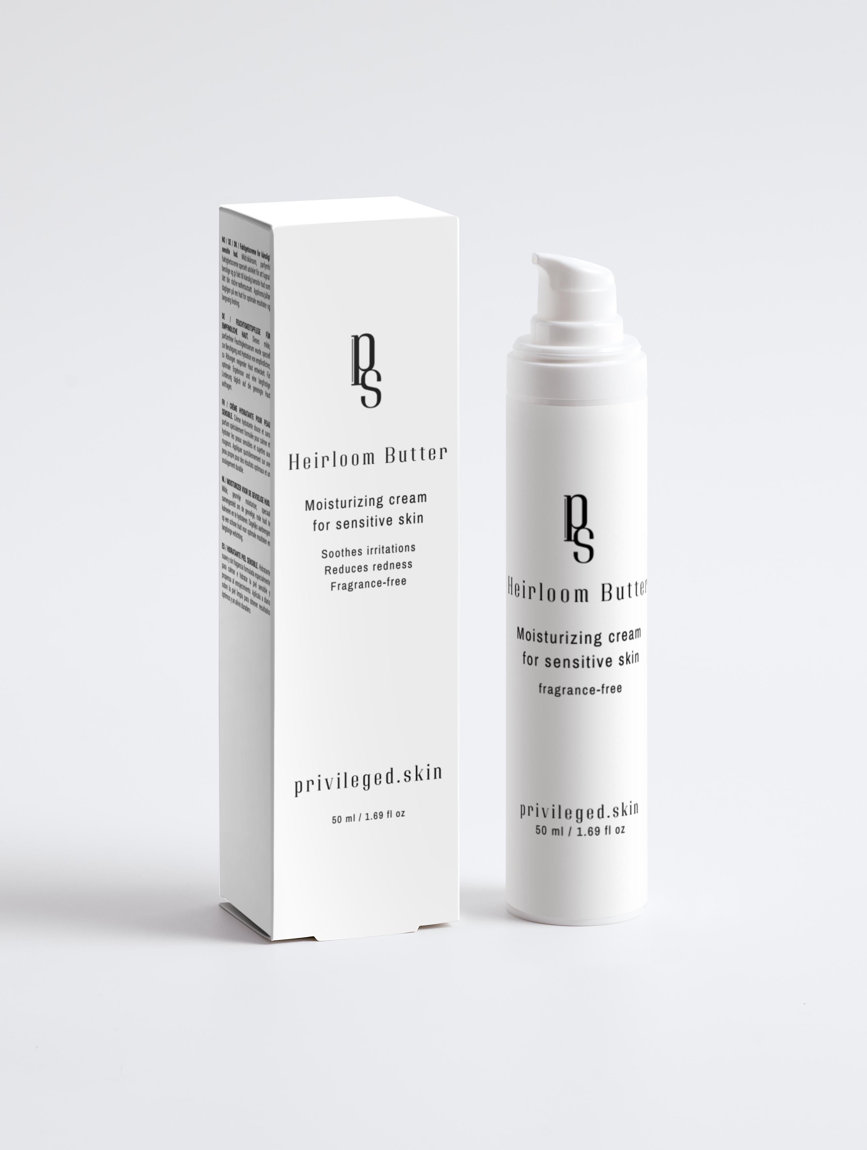 Heirloom Butter parfumfreie Feuchtigkeitscreme – reichhaltige Premium-Pflege für empfindliche und sensible Haut. Heirloom Butter fragrance-free moisturizer. Rich premium cream for sensitive and delicate skin.