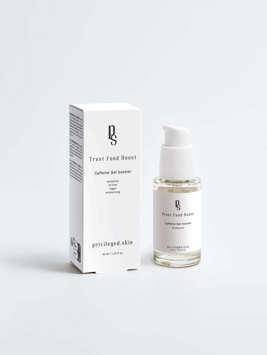 Trust Fund Boost Gel Booster mit Minzblüten – feuchtigkeitsspendend, belebendes Luxus-Serum für strahlende Haut. Trust Fund Boost caffeine gel booster with mint blossom – hydrating, energizing luxury serum for radiant skin.